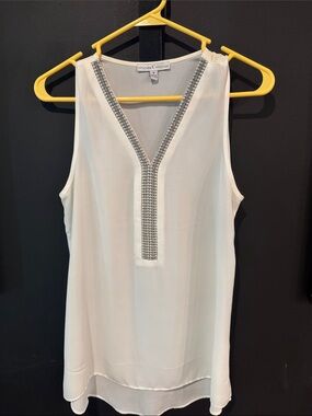 Moa Moa White Sleeveless V-Neck Blouse with Silver Beaded Trim